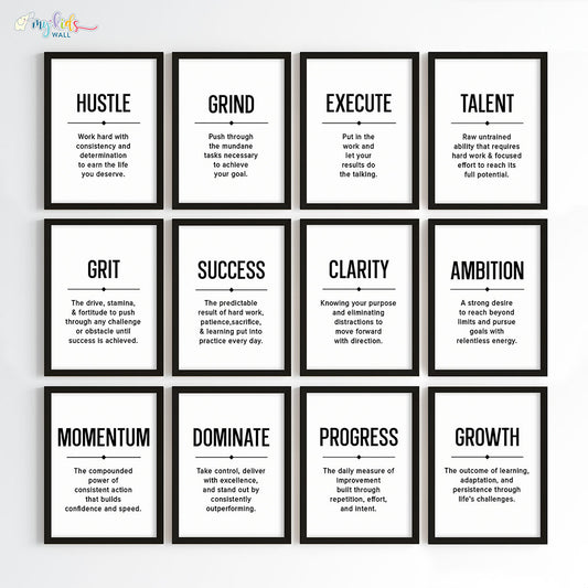 Inspirational quote Hustle Grind Execute wall art set of 12 black frame