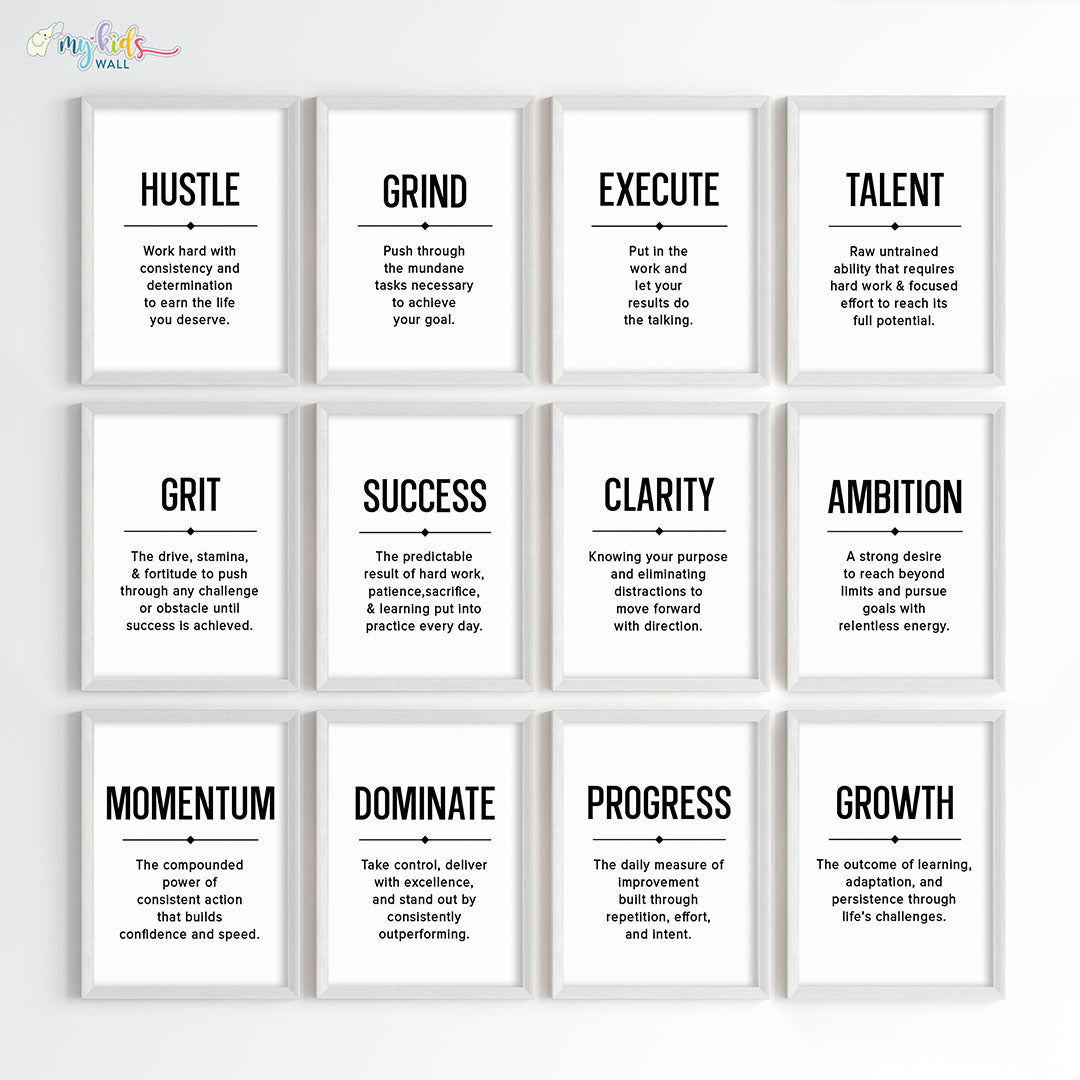 Inspirational quote Hustle Grind Execute wall art set of 9 white frame