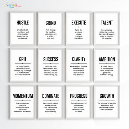 Inspirational quote Hustle Grind Execute wall art set of 9 white frame