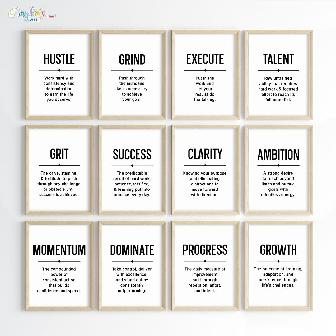 Inspirational quote Hustle Grind Execute wall art set of 12 wooden frame