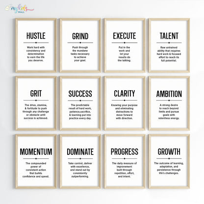 Inspirational quote Hustle Grind Execute wall art set of 12 wooden frame