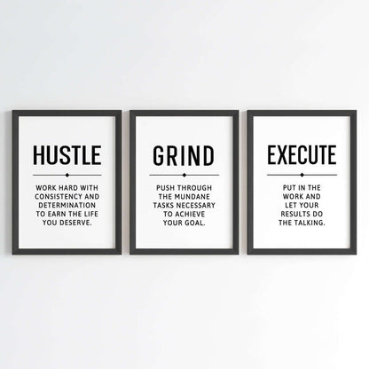 Inspirational quote Hustle Grind Execute wall art set of 3 black frame