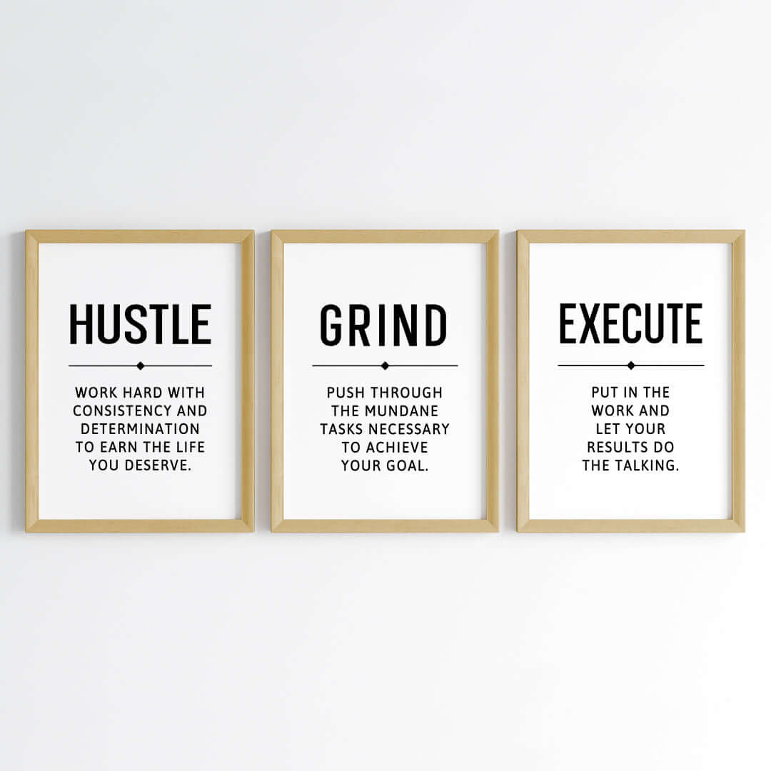 Inspirational quote Hustle Grind Execute wall art set of 3 wooden frame