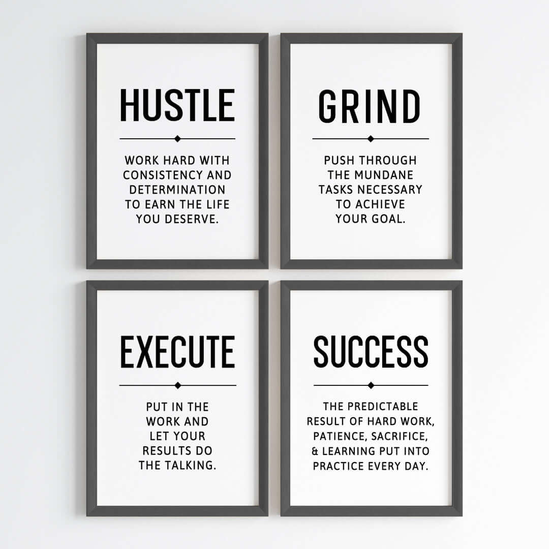 Inspirational quote Hustle Grind Execute wall art set of 4 black frame