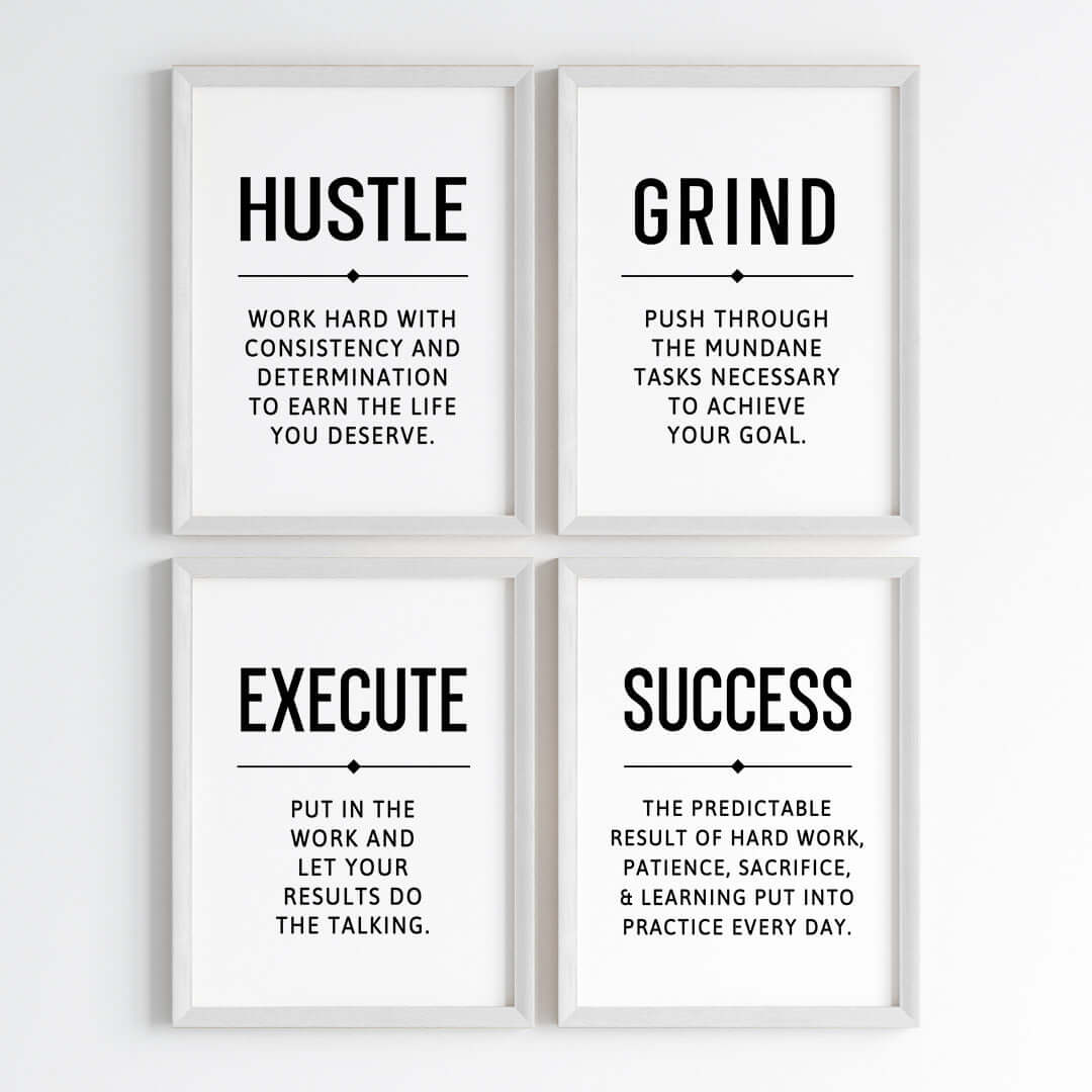 Inspirational quote Hustle Grind Execute wall art set of 4 white frame