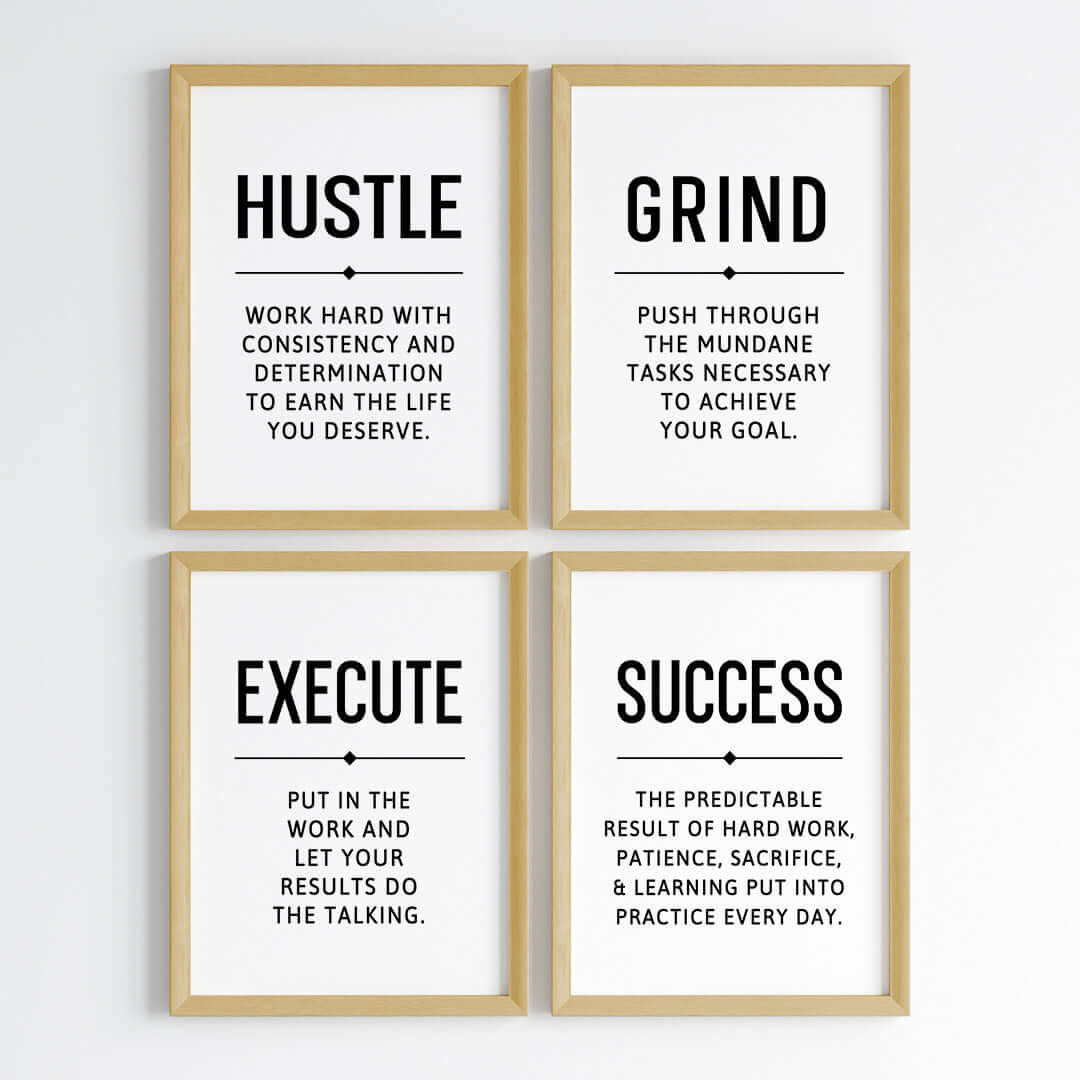 Inspirational quote Hustle Grind Execute wall art set of 4 wooden frame