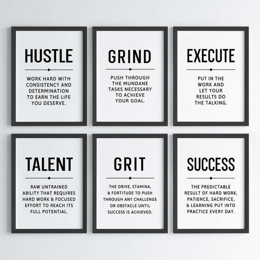 Inspirational quote Hustle Grind Execute wall art set of 6 black frame