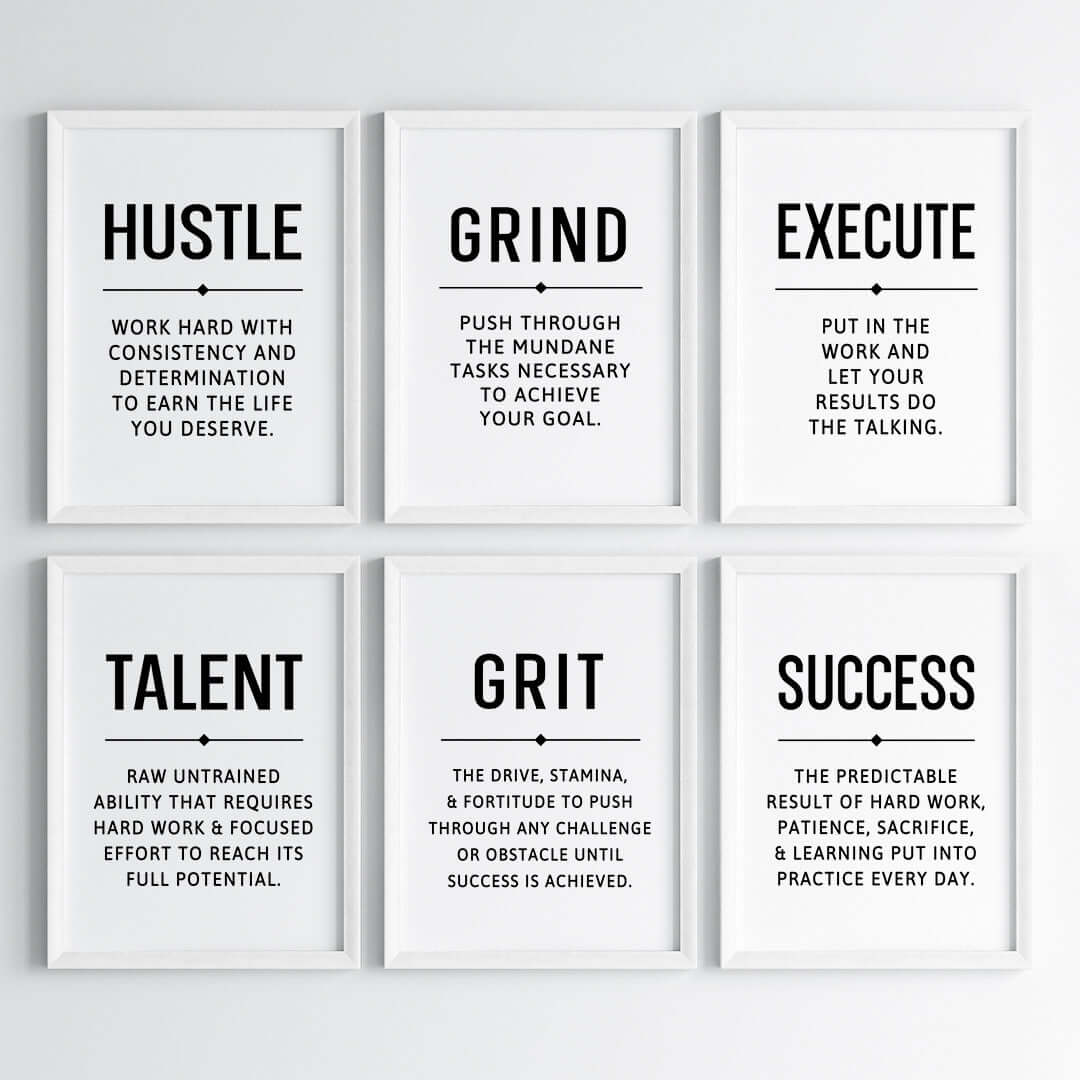 Inspirational quote Hustle Grind Execute wall art set of 6 white frame