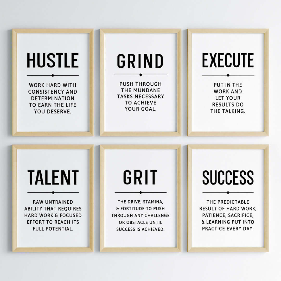 Inspirational quote Hustle Grind Execute wall art set of 6 wooden frame