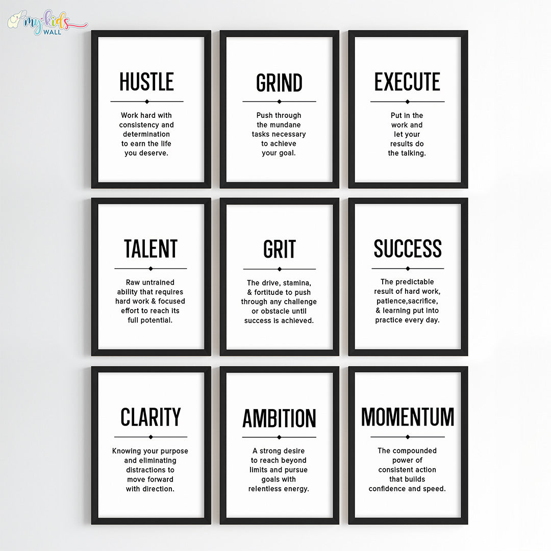 Inspirational quote Hustle Grind Execute wall art set of 9 black frame