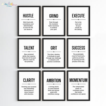 Inspirational quote Hustle Grind Execute wall art set of 9 black frame