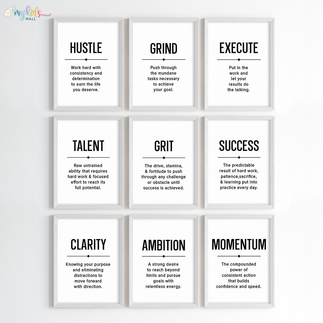 Inspirational quote Hustle Grind Execute wall art set of 9 white frame