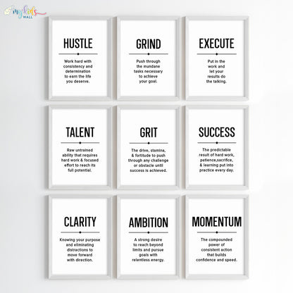 Inspirational quote Hustle Grind Execute wall art set of 9 white frame