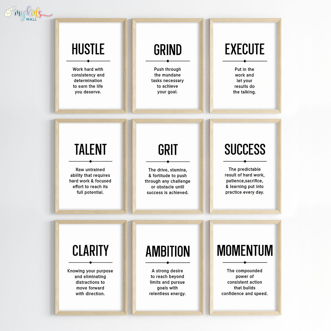Inspirational quote Hustle Grind Execute wall art set of 9 wooden frame