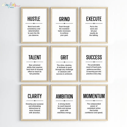 Inspirational quote Hustle Grind Execute wall art set of 9 wooden frame
