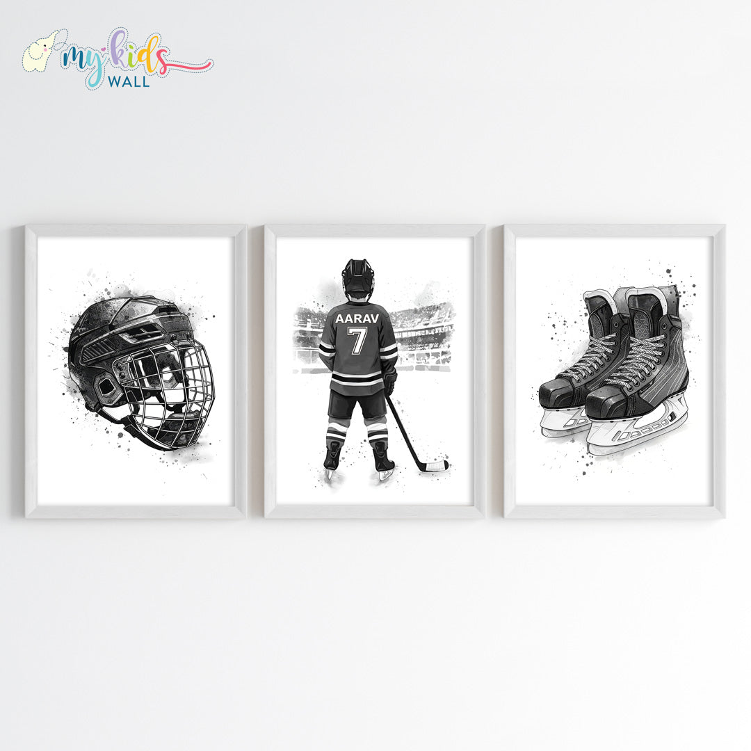 Ice Hockey Player Personalised Wall Art Framed Set of 3 White