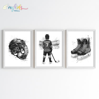 Ice Hockey Player Personalised Wall Art Framed Set of 3 White