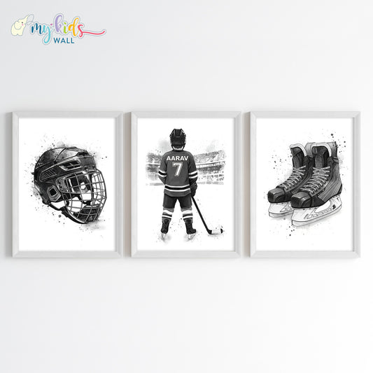 Ice Hockey Player Personalised Wall Art Framed Set of 3 White