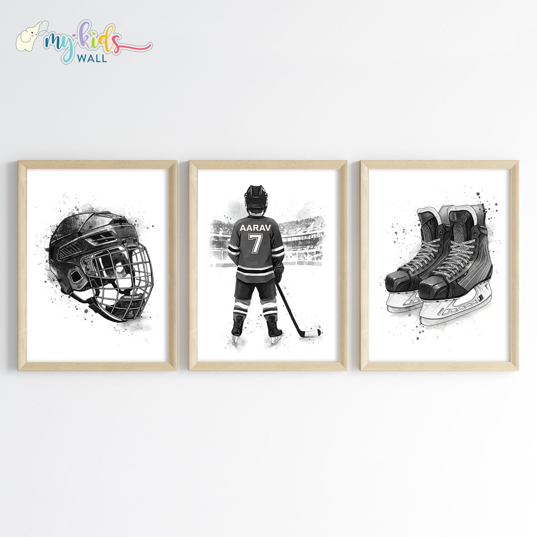 Ice Hockey Player Personalised Wall Art Framed Set of 3 Wooden