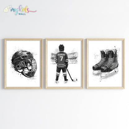 Ice Hockey Player Personalised Wall Art Framed Set of 3 Wooden