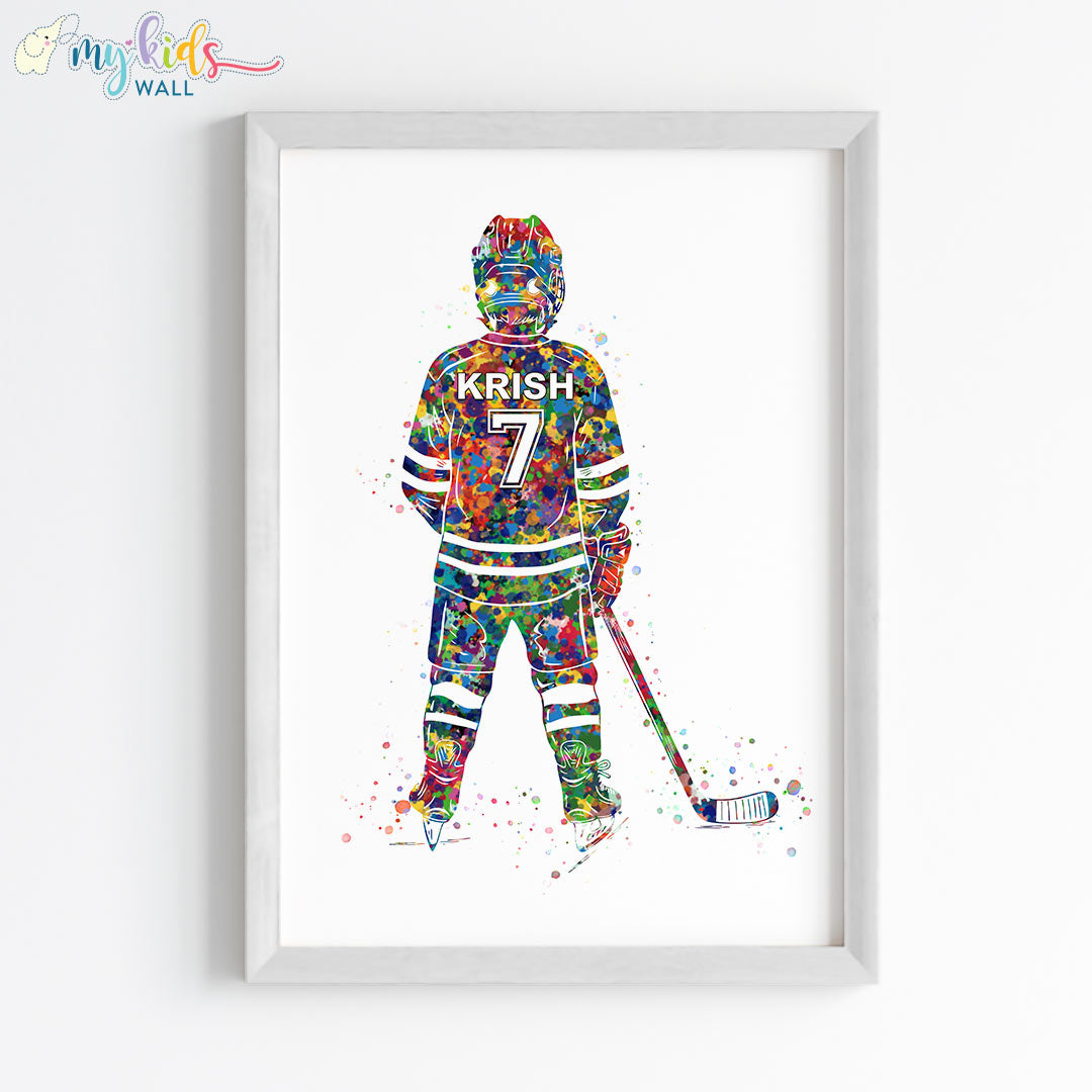 Ice Hockey Player Personalised Wall Art Framed White