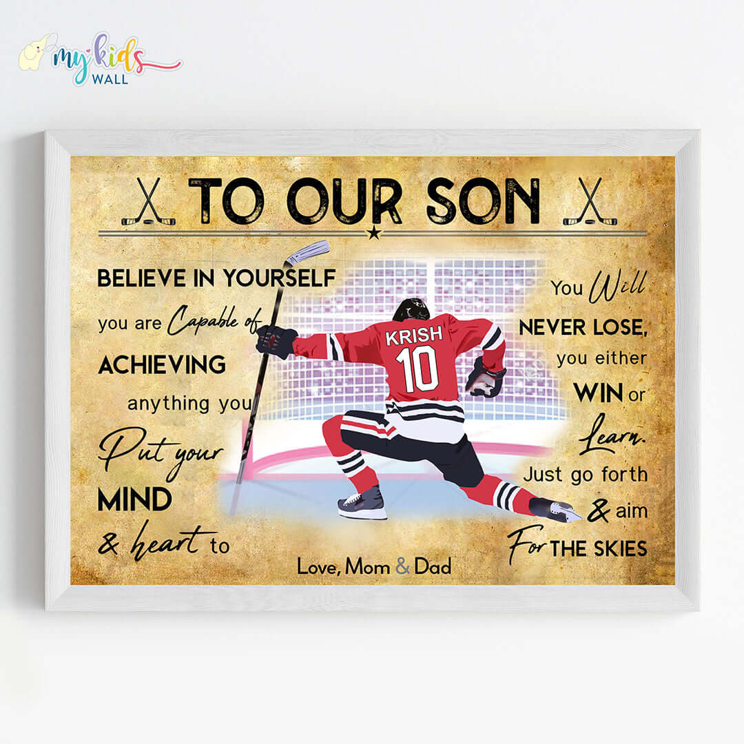 Motivational ice hockey player boy wall art white frame