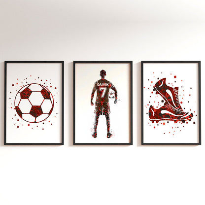 inspirational  red football player boy set of 3 wall art black frame