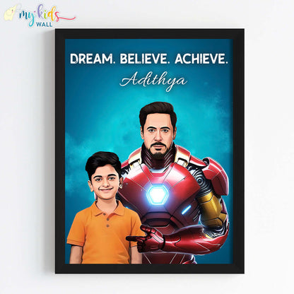 Iron man portrait wall art featuring a child in black frame