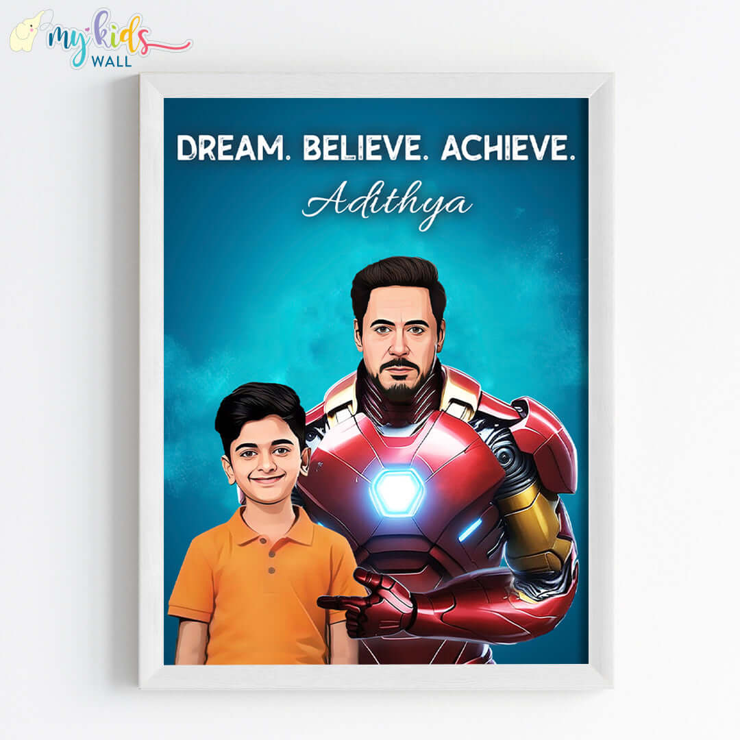 Iron man portrait wall art featuring a child in white frame