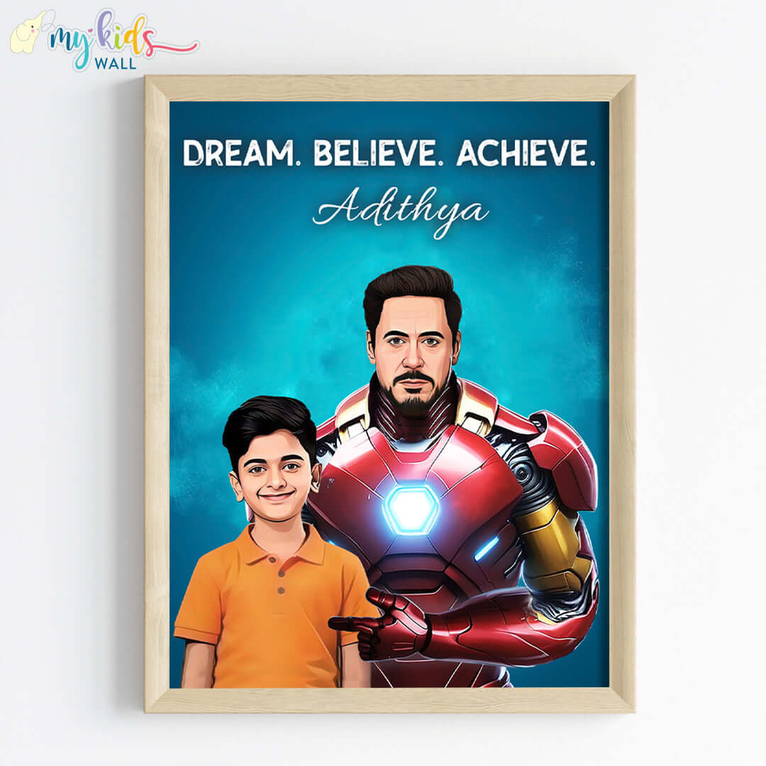 Iron man portrait wall art featuring a child in wooden frame