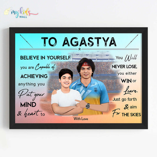 Motivational black wall frame of Neeraj Chopra with a child