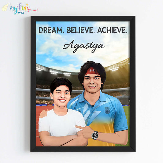 Inspirational black wall frame of Neeraj Chopra with a child