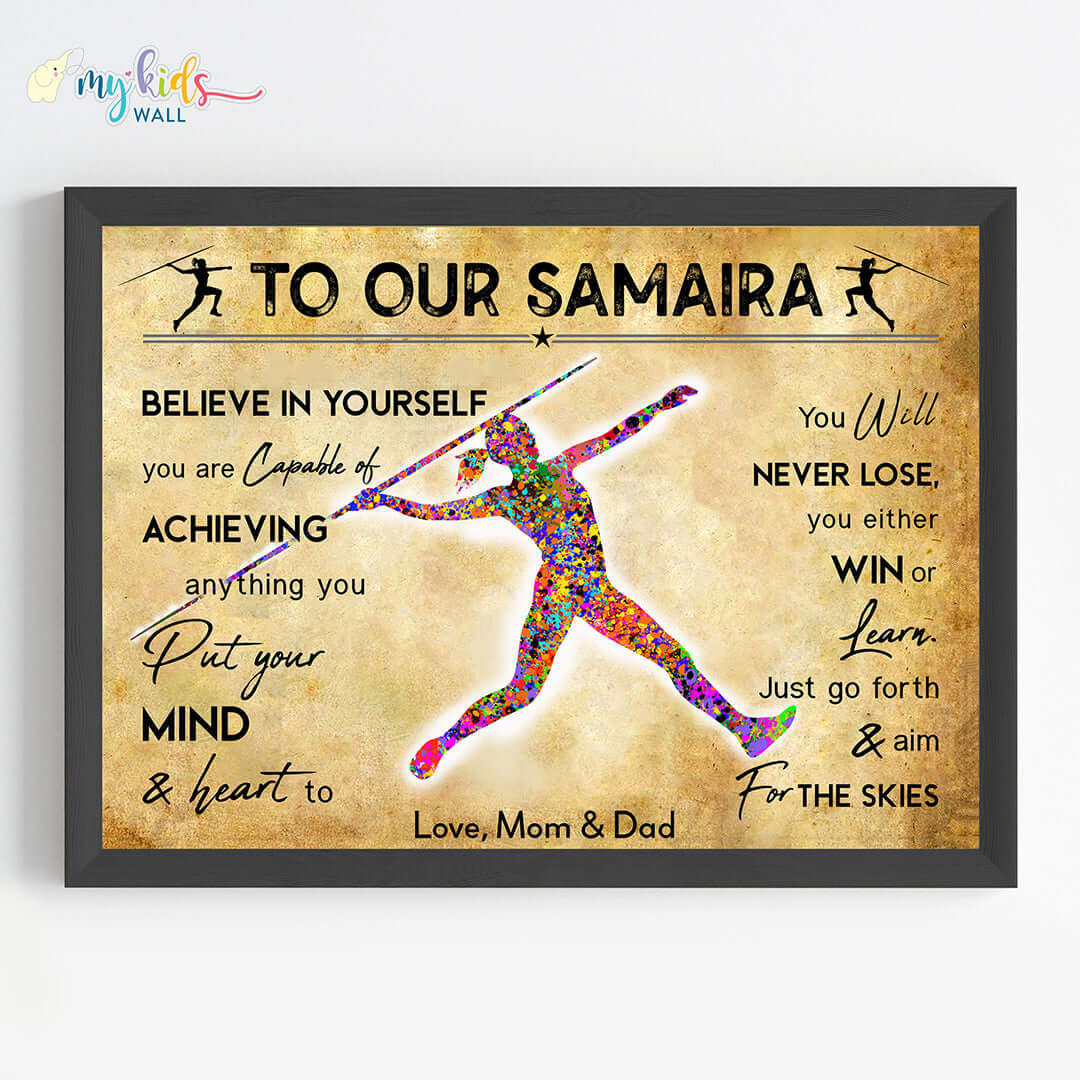 Motivational javelin thrower girl wall art black frame