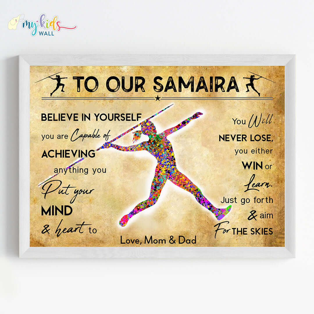 Motivational javelin thrower girl wall art white frame