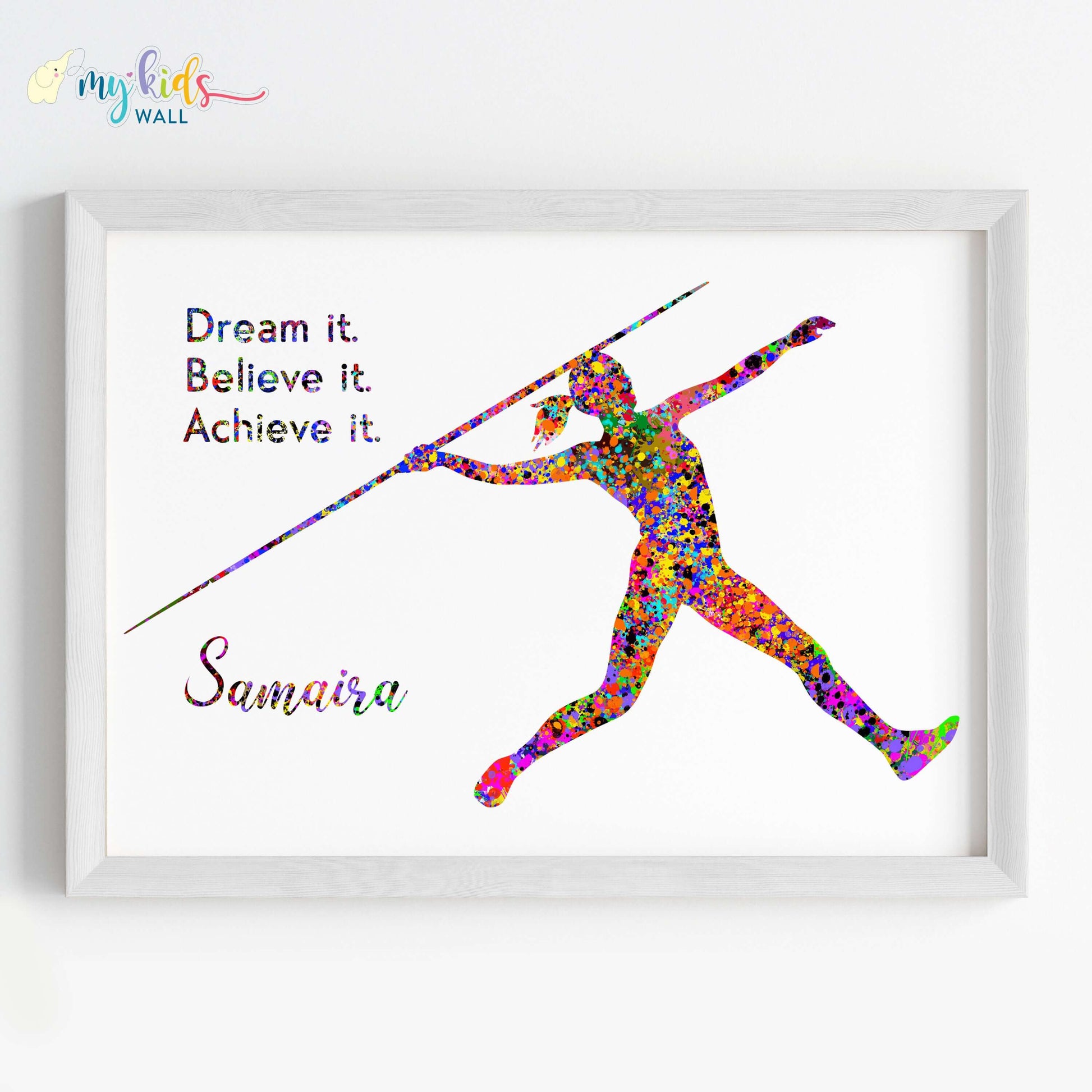 Inspirational javelin thrower girl wall art white frame