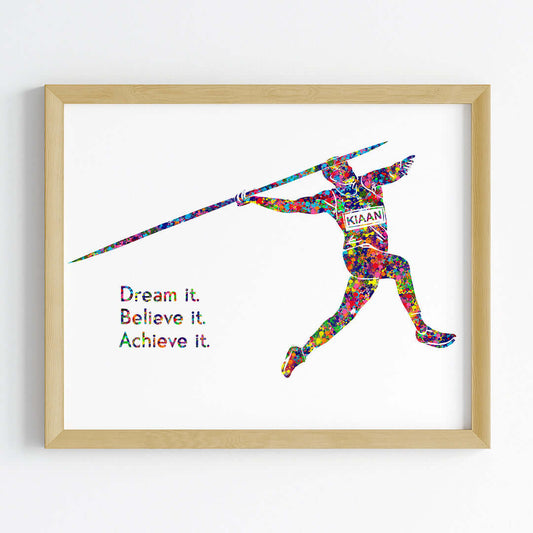 Inspirational javelin thrower boy wall art wooden frame