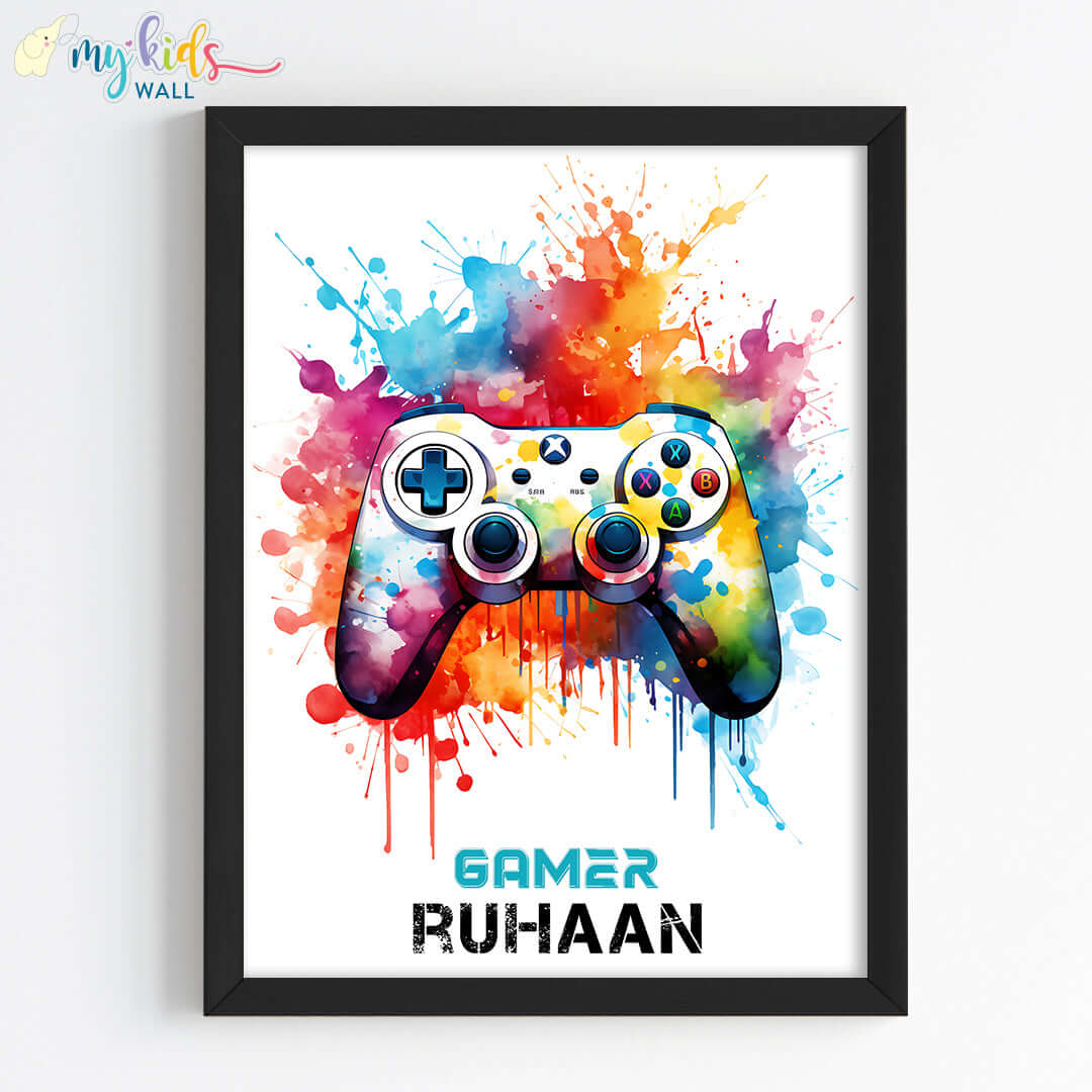 Multicolor joystick gamer wall art black frame