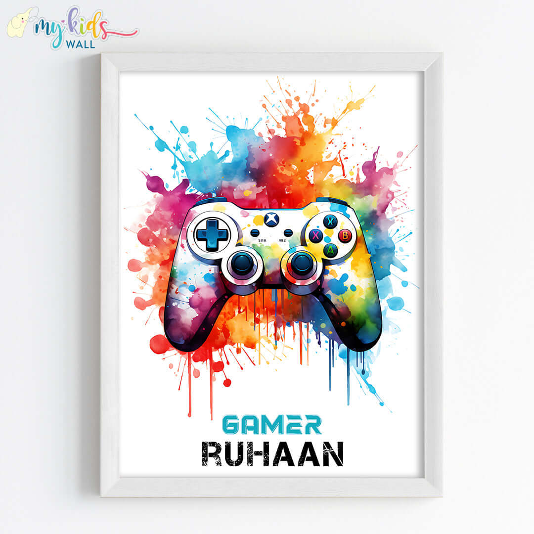 Multicolor joystick gamer wall art white frame