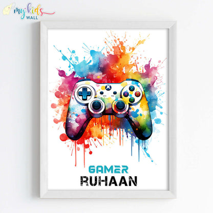 Multicolor joystick gamer wall art white frame