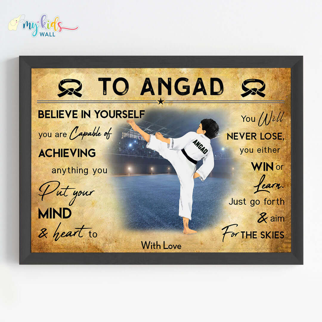 Motivational karate boy wall art black frame