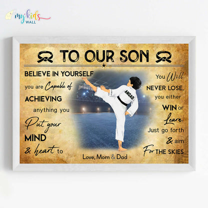 Motivational karate boy wall art white frame