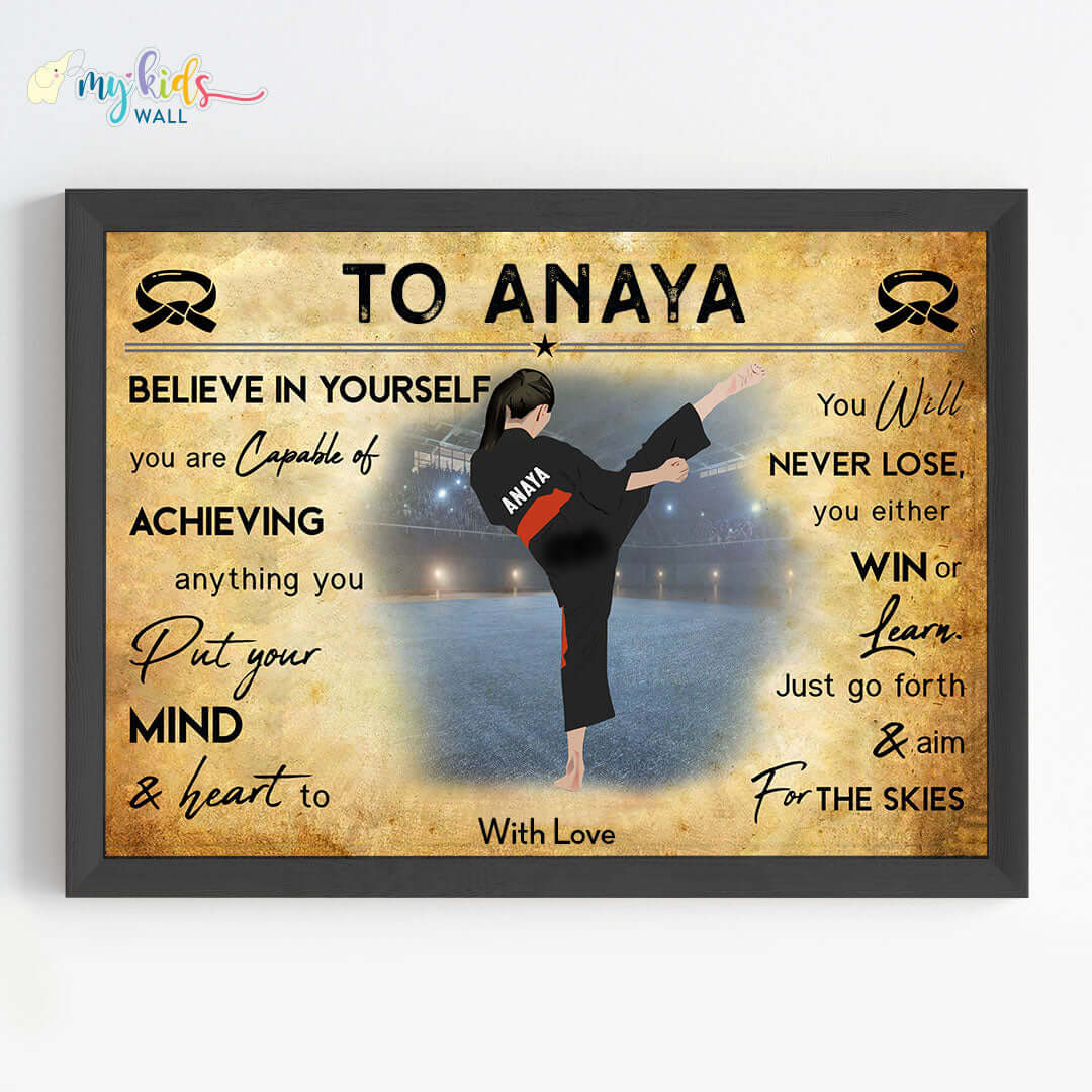 Motivational karate girl wall art black frame