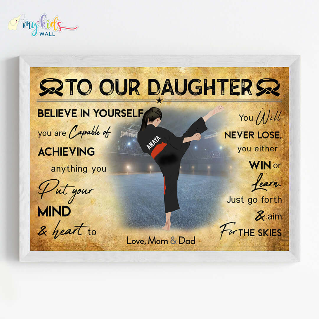 Motivational karate girl wall art white frame