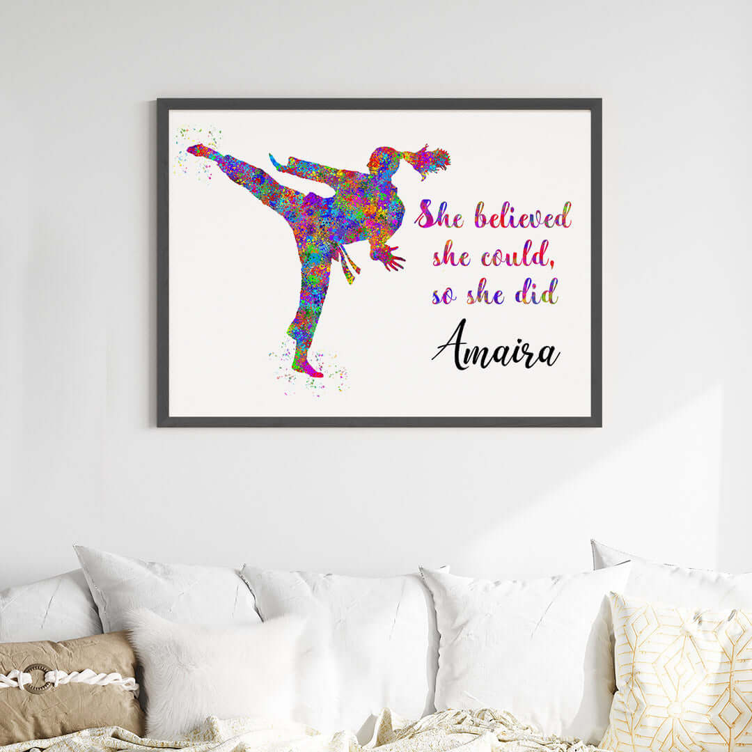 Multicolor karate girl wall art black frame