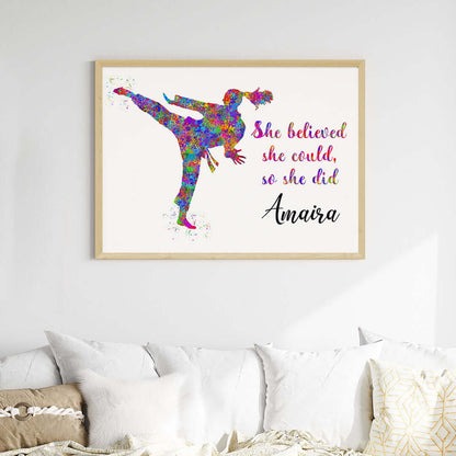 Multicolor karate girl wall art wooden frame