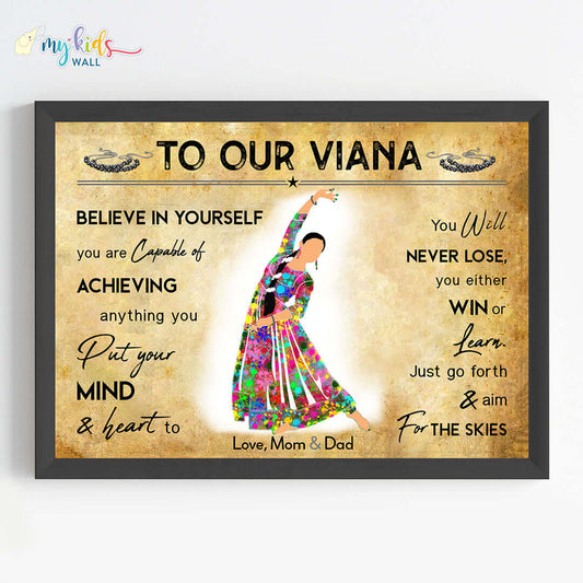 Motivational kathak girl wall art black frame pose 1