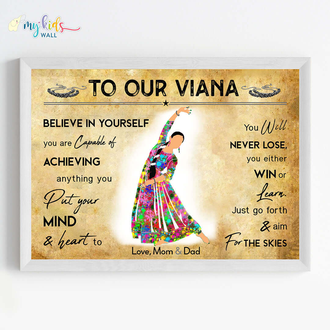 Motivational kathak girl wall art white frame pose 1