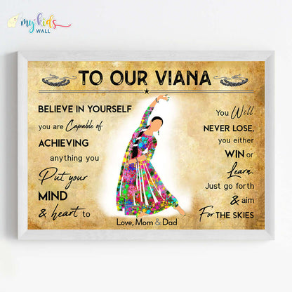 Motivational kathak girl wall art white frame pose 1