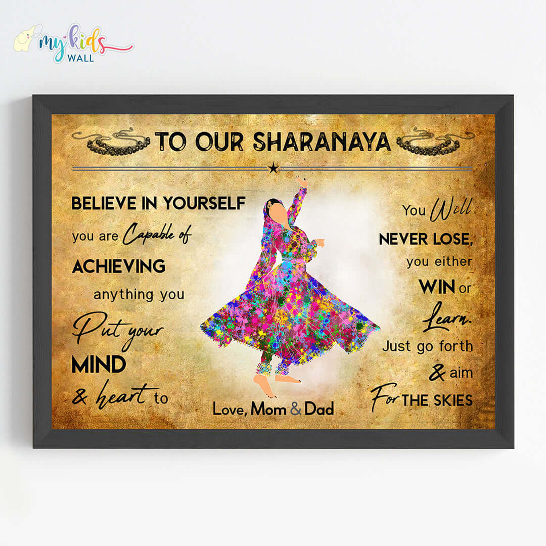 Motivational kathak girl wall art black frame pose 2