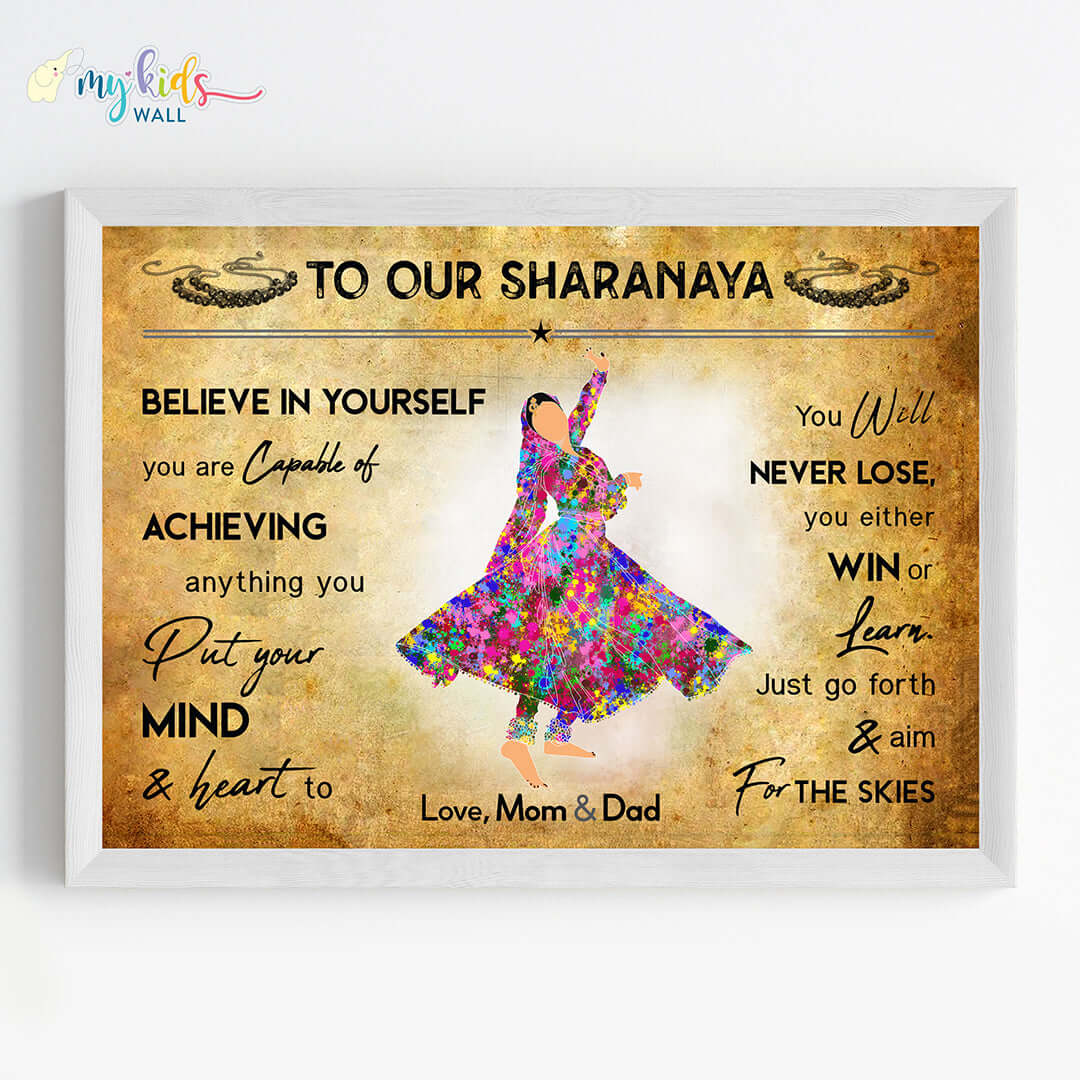 Motivational kathak girl wall art white frame pose 2